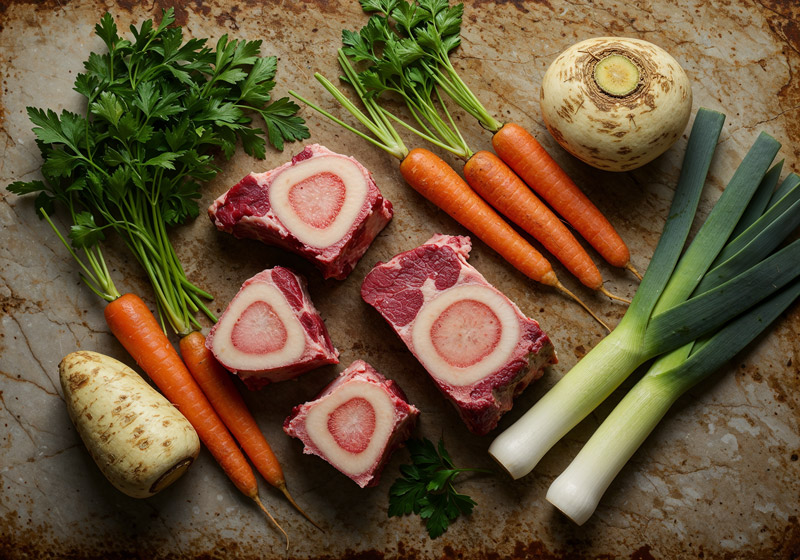 kości szpikowe wołowe i warzywa korzeniowe przygotowane do gotowania bulionu